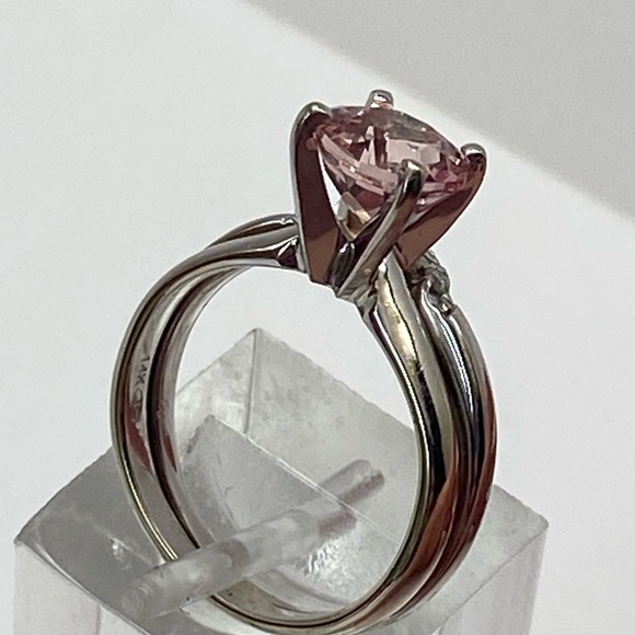 14K White Gold Morganite Solitaire Engagement Ring with Diamond Wedding Band - Picture 9 of 15